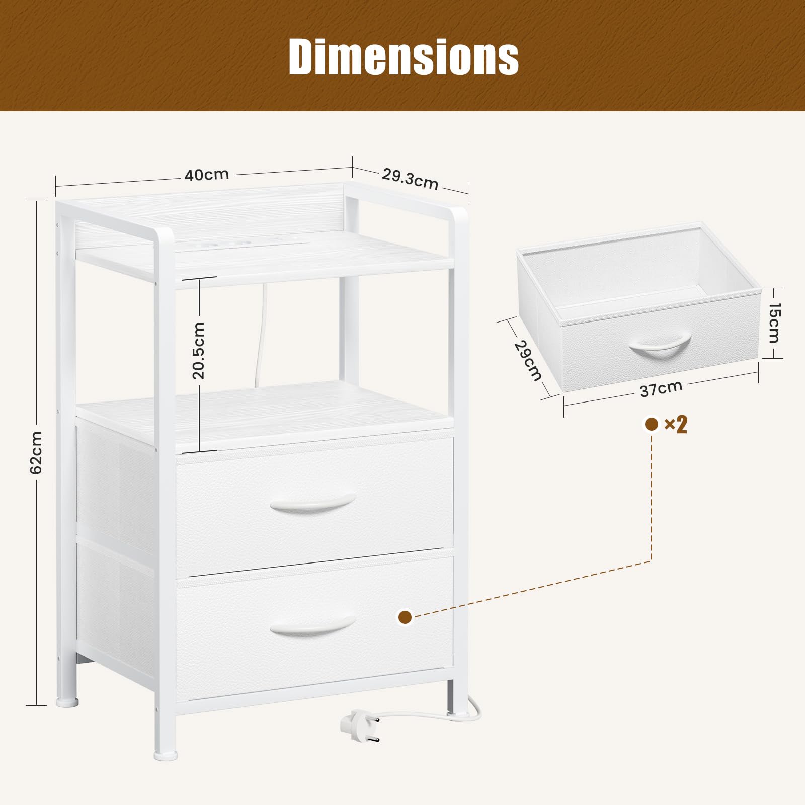 YOUDENOVA Comodino Camera da Letto, Set di 2 Comodini con Luci LED, Presa di Corrente e 2 Porte USB, ComodinI Moderno con 2 Cassetti in Tessuto e 2 Livelli, 30 x 40 x 62cm, Bianco Nuvola