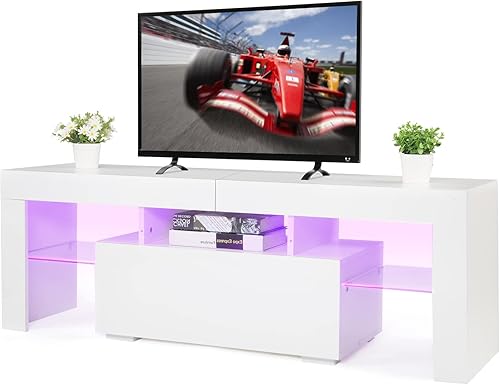 Miniatura 7 de VINGLI Soporte de TV con luz LED, moderno mueble de TV blanco de 51 pulgadas para sala de estar, dormitorio, mueble de TV con almacenamiento, cajón