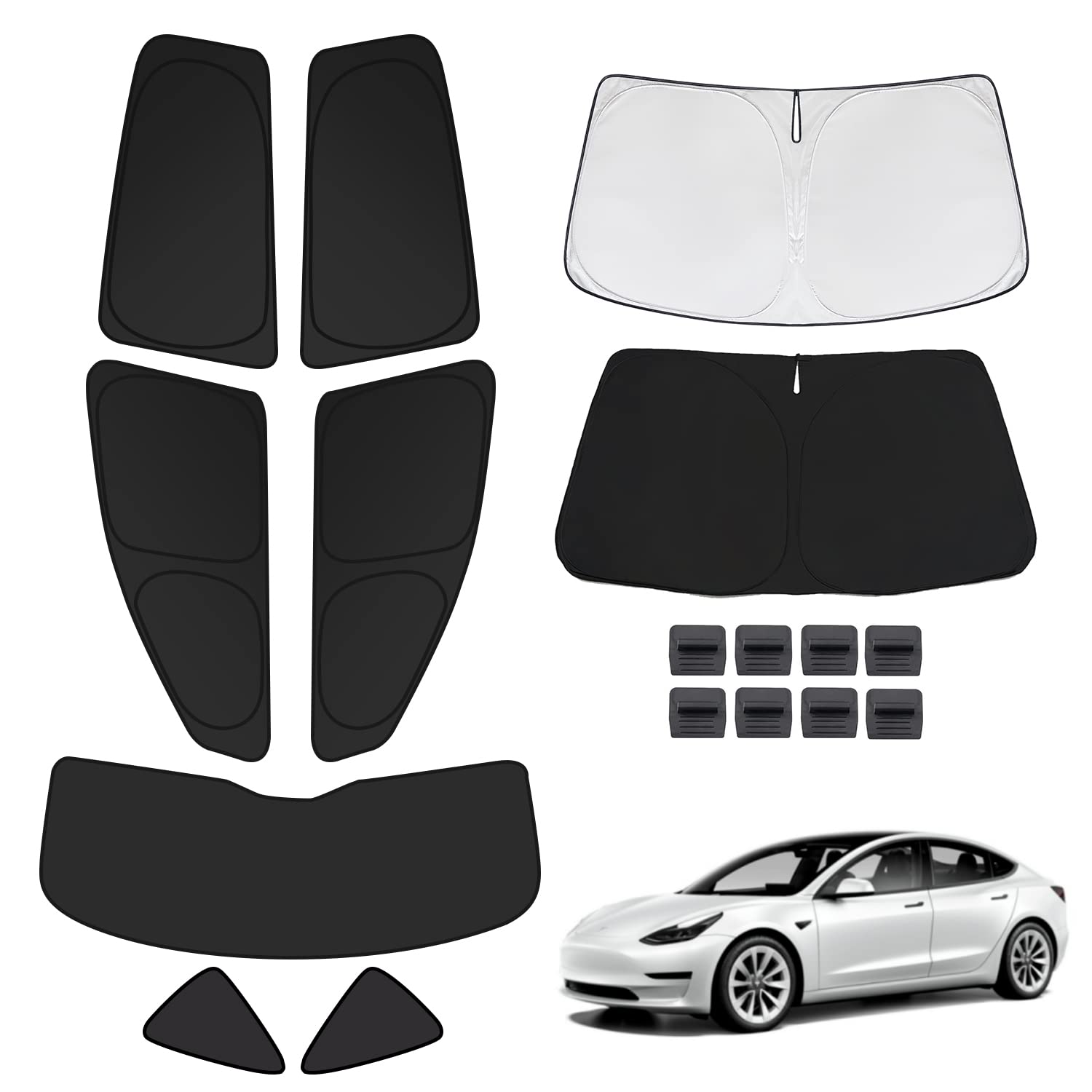 Photo 1 of Car Windows Sunshade for Tesla Model Y 2019-2023 Foldable Windshield Sunshades Kit with Windshield & Side Window & Triangular Window Sunshades All-Round Block UV Ray Keep Your Vehicle Cool (Black)