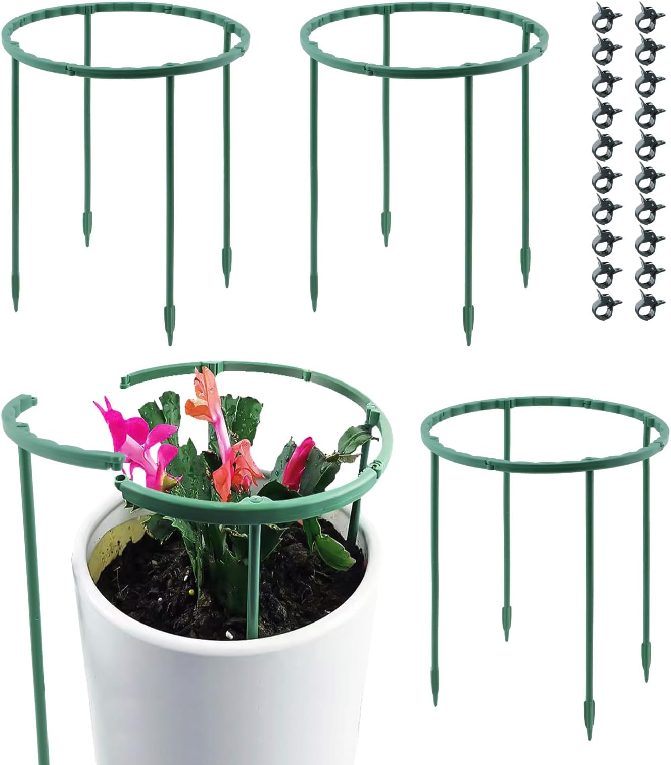 12Pcs Plant Support Stake,Half Round Plant Support Ring with 20 Pcs Clips,Plastic Plants Cage Holder for Small Plants Flower Vegetable,Indoor Leafy Plan t(Green,Size:24 x 14cm/9.45 x 5.51inch)