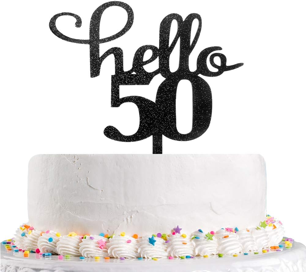 Hello 50 Cake Topper,Black Glitter Cheers to 50 Years 50th Birthday Wedding Anniversary Party Decoration Supplies(Acrylic)