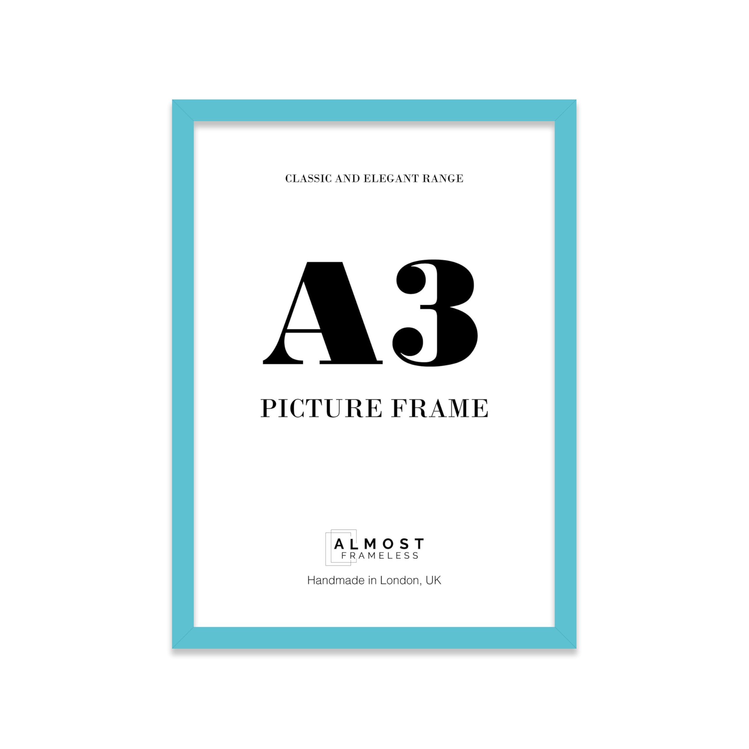 Almost Frameless A3 Turquoise Picture Frame Fits A3 (29.7 x 42cm - 11.7 x 16.5in) Poster, Photo, Artwork, or Print. Thin Edge Slim Frame Portrait and Landscape Display with Wall Hooks