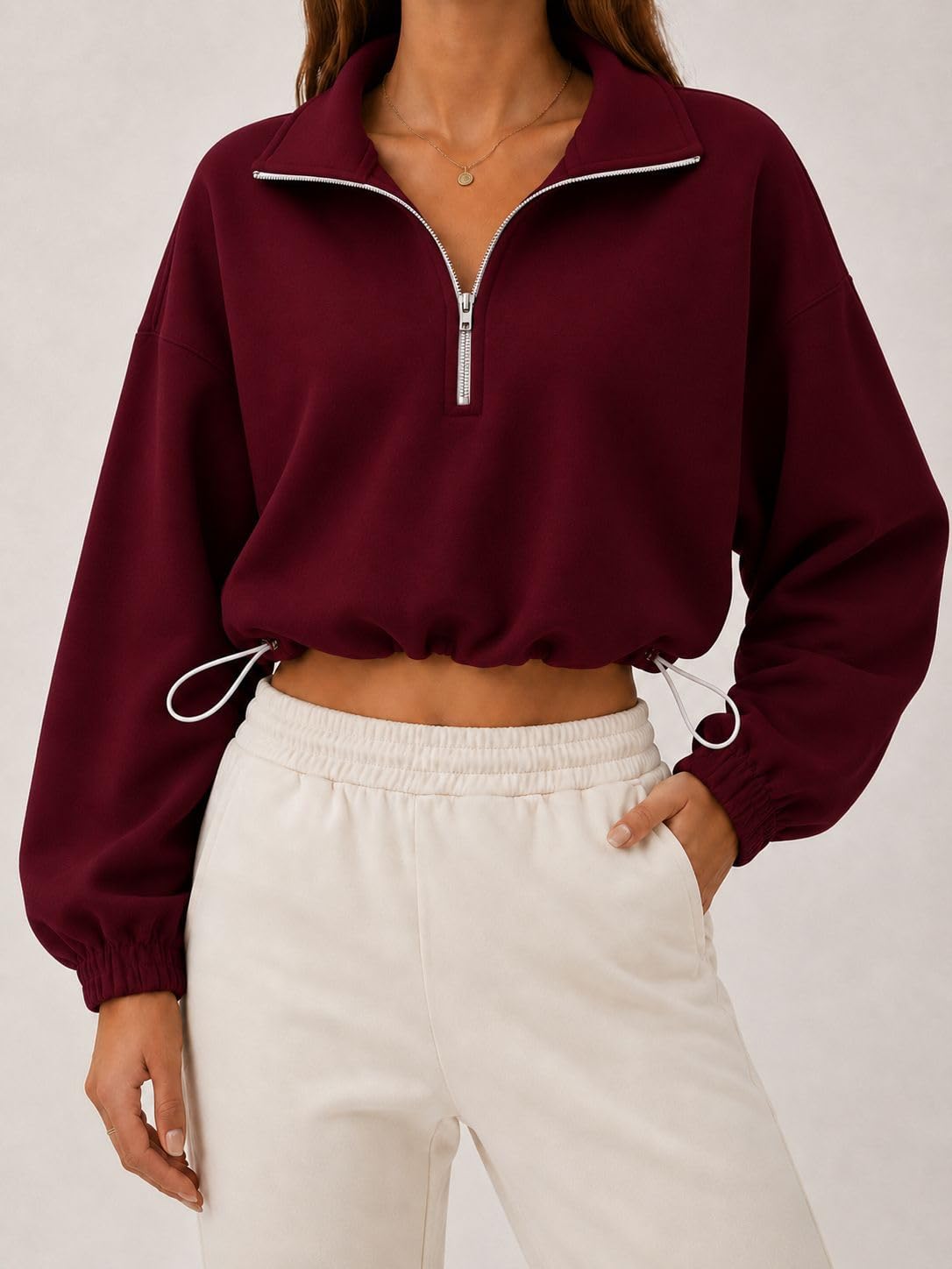 Sweat Femme Demi Zip Court Col Montant Pull avec Cordon Décontracté