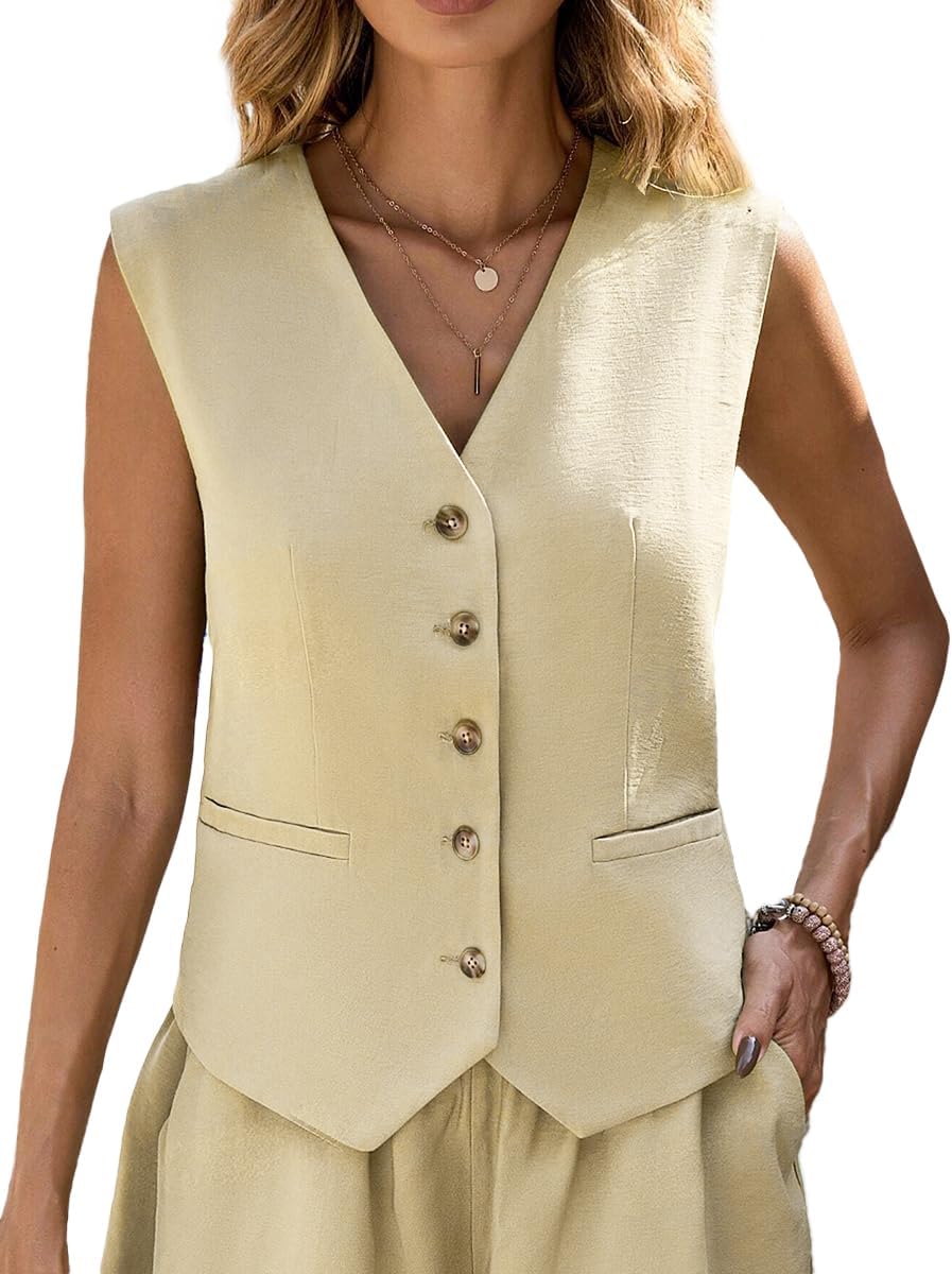 Mina Self Linen Vest Tops For Women Summer Lihtweight Breathable V-Neck Button Fashion Casual Work Beach Vacation Outerwear