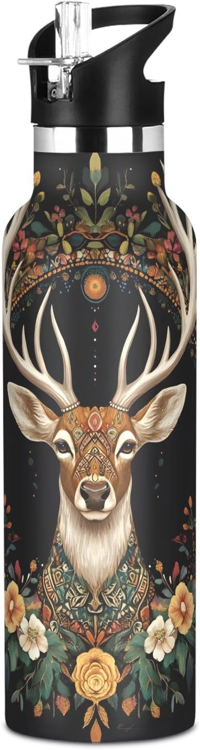 ALAZA Christmas Magic Elk Deer Water Bottle with Straw Lids Vacuum Insulated Leakproof Stainless-Steel Sports Bottle 20 oz Hot Cold Water Flask Reusable Insulated Bottles