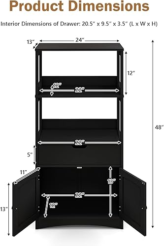 Miniatura 3 de GLACER Armario grande de suelo de baño, gabinete de almacenamiento multiusos independiente con cajón, 2 estantes abiertos y armario, excelente para