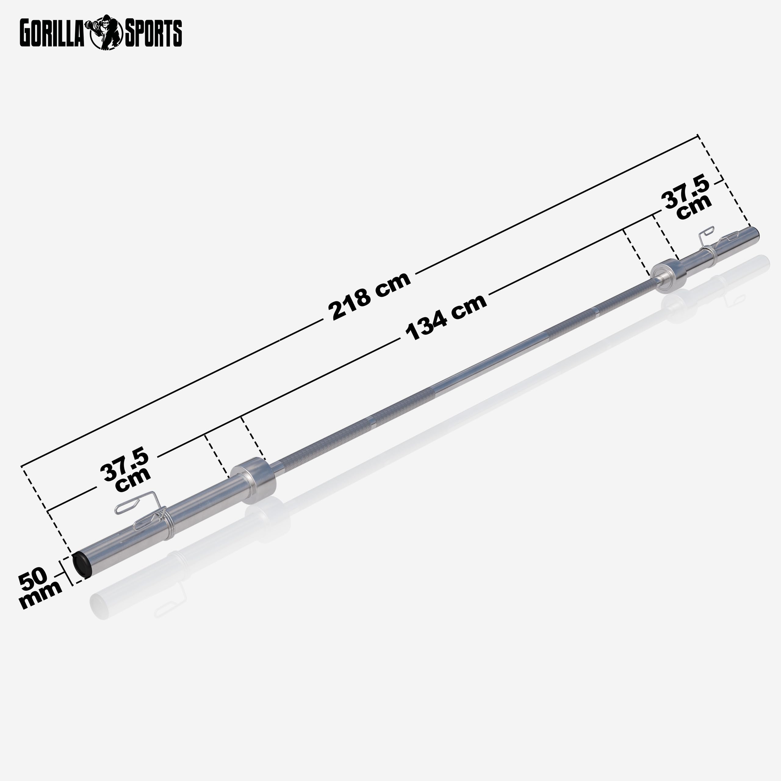 GORILLA SPORTS® Langhantelstange - 218cm / 220cm, Olympische, 50mm, bis 450 kg Belastbar, inkl. 2 Federverschlüssen, Gerändelt, Verchromt - Langhantel, Olympia Hantelstange, Langhantel-Stange