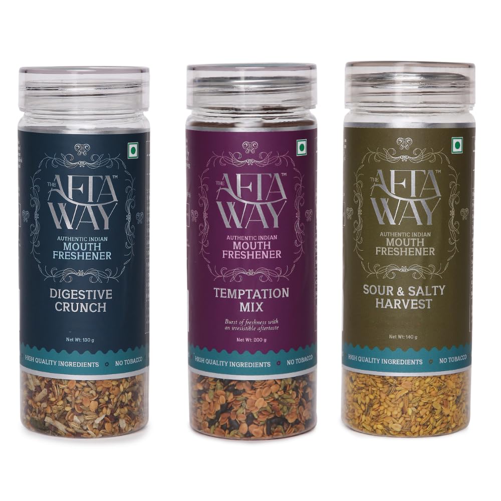 The AftaWay Binge & Munch Combo - Temptation Mix, Digestive Crunch, Sour & Salty Harvest, Natural Breath Freshener, No Tobacco, No Artificial Preservatives, No Sugar, Healthy Snacking Indian Mukhwas