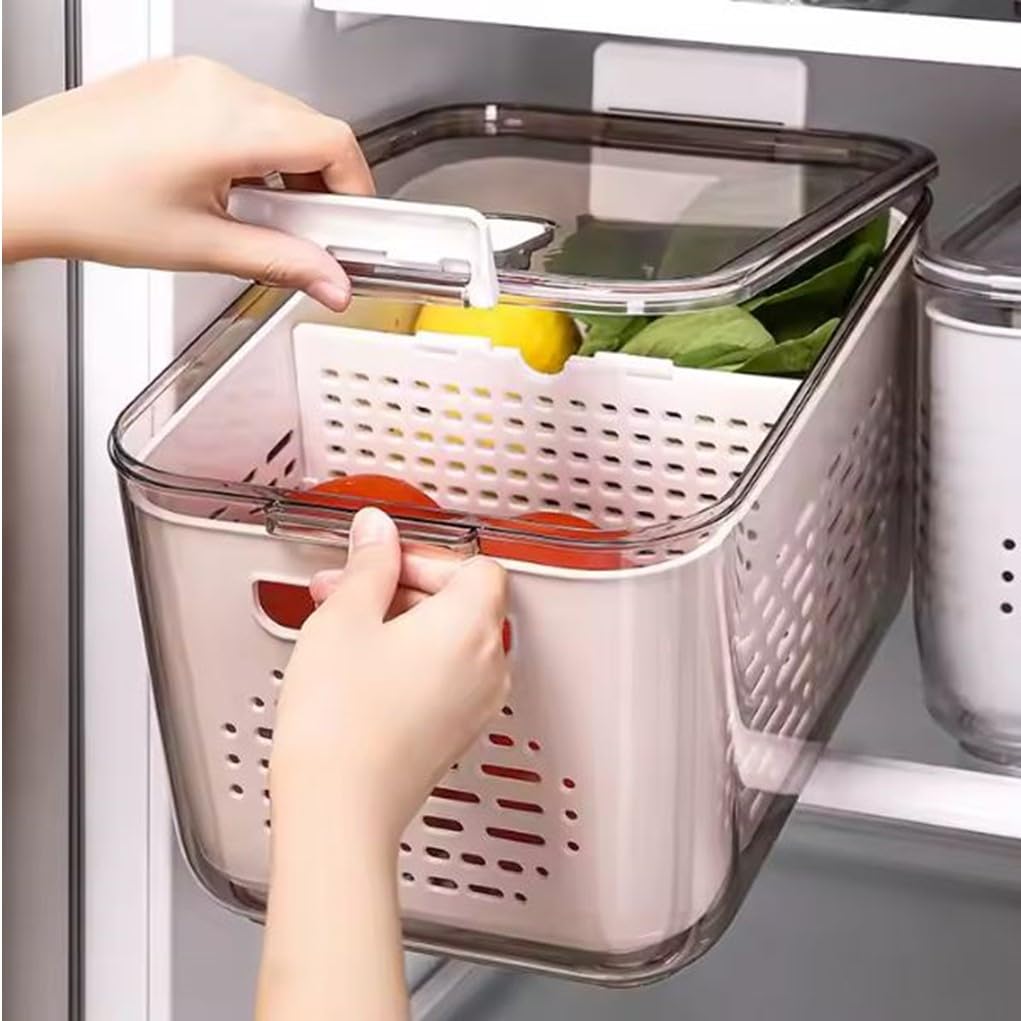 Katalia Organizador Nevera Frigorifico Cocina Multifuncional Cesta Escurridor y Almacenamiento de Alimentos con Tapa Material Resistente BPA-Free Transparente y Gris