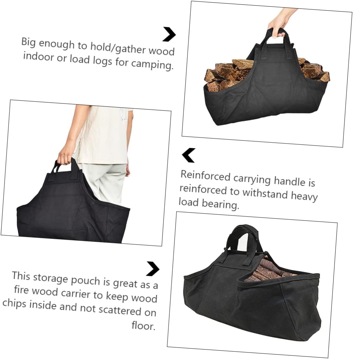 POPETPOP Firewood Holder Pouch with Reinforced Handle, Oxford Cloth Black
