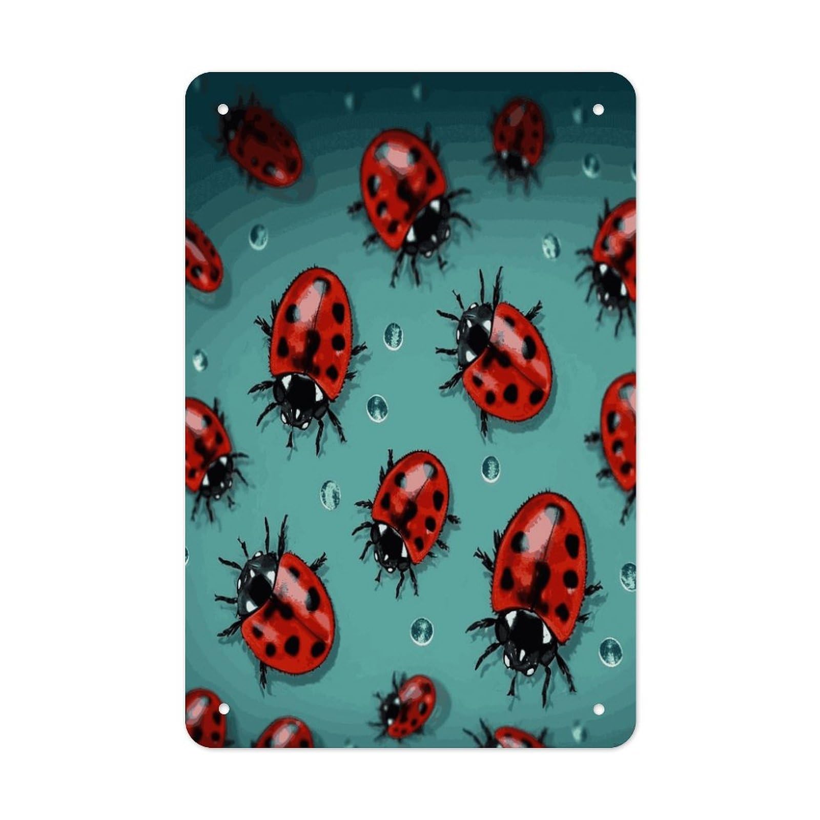 LDGSUPH Red Ladybugs On A Blue Background Wall Art Prints Folded Edge Iron Sheet Painting with Holes for Wall Prints Decorative Picture Metal Signboard Decor Painting for Outdoor Indoor Wall Decor