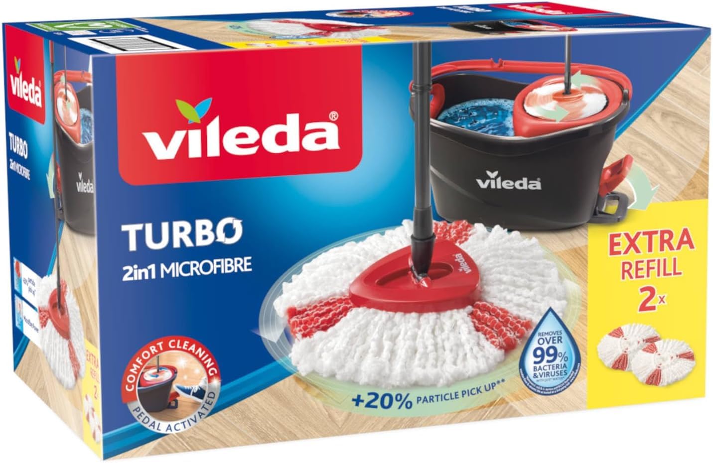 Vileda TURBO Pack Special avec 1 recharge supplémentaire - Balai serpillère en microfibres + son seau essoreur à pédale, 3 Unité & Recharge Turbo 3en1 avec pad central
