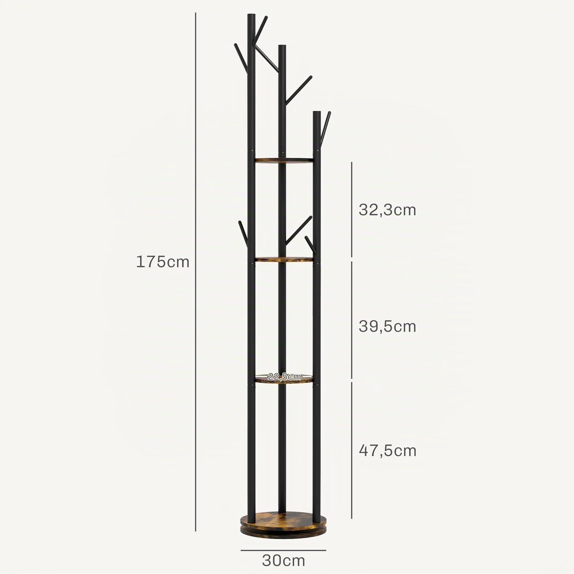 HOMCOM Perchero de Pie Giratorio Perchero para Ropa Redondo de 4 Niveles con 4 Estantes 8 Ganchos para Colgar Ropas Bufandas para Recibidor Pasillo Dormitorio Ø30x175 cm Marrón Rústico