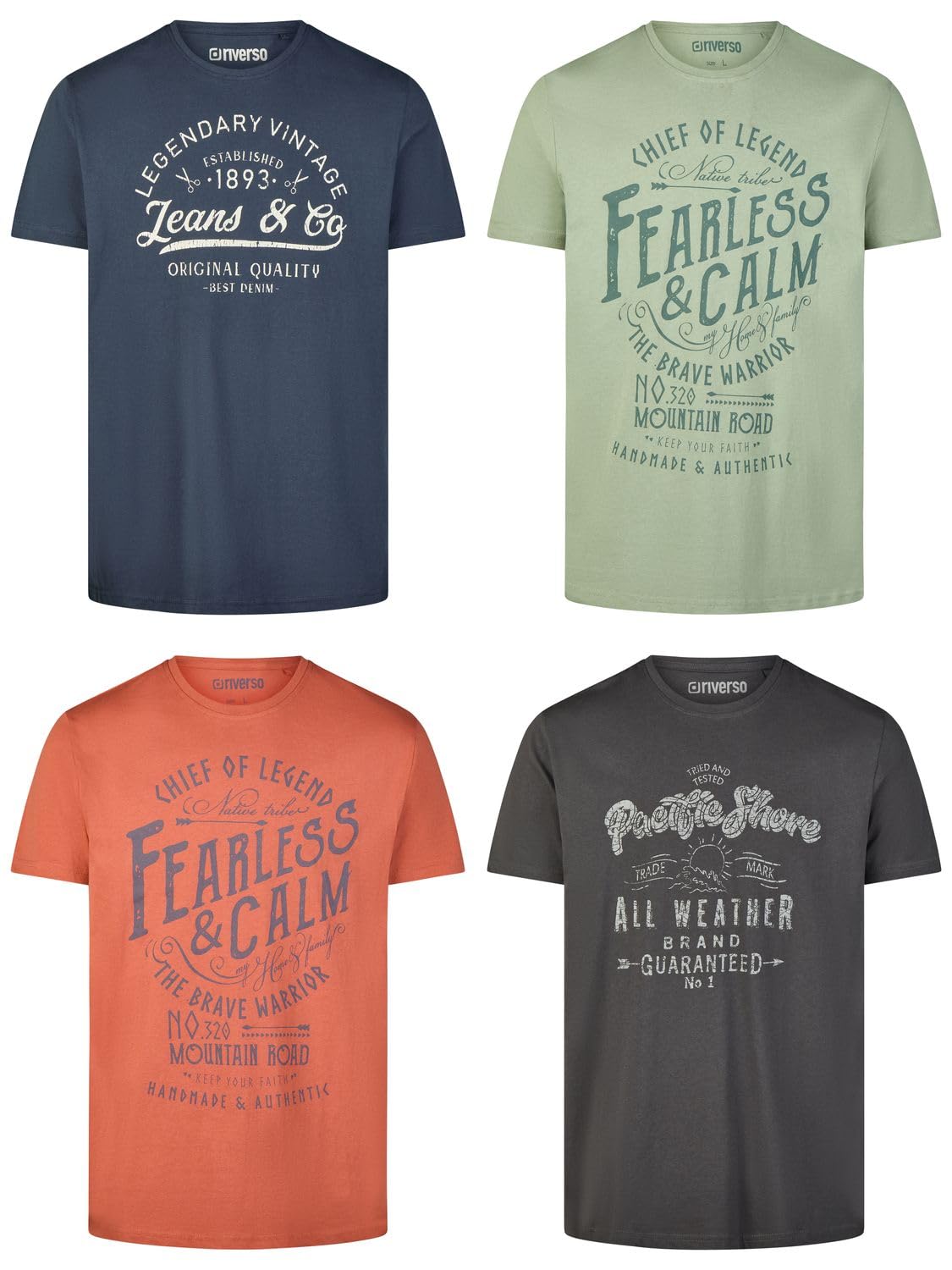 riverso Tshirt Herren Baumwolle Regular Fit RIVLeon 4er Set Pack Rundhals Kurzarm Sommer Tee Shirt Print Grün Blau Weiß Grau Rot Orange S M L XL XXL 3XL 4XL 5XL