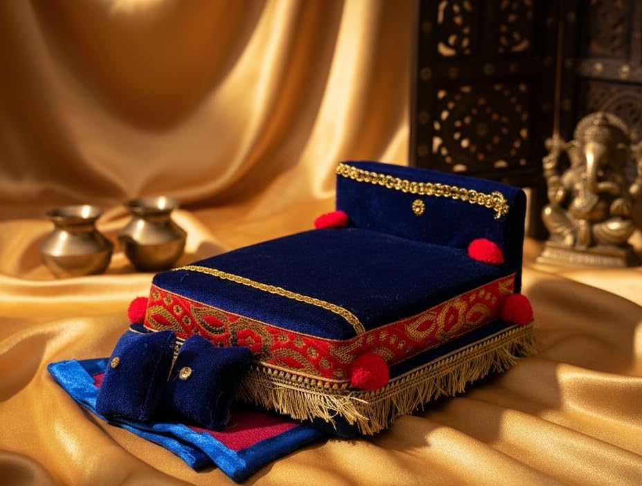 Image of RD Handicraft Thakur Ji Bed, Laddu Gopal ji Bed, Bal Gopal ji Bed with Blanket Silk All Purpose Bed |Blue (17x16x10 cm)
