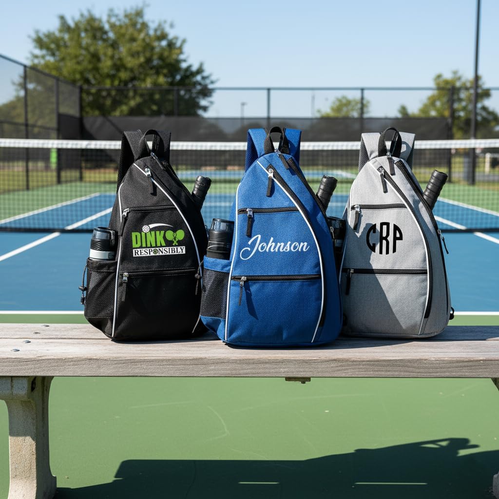 Personalized Pickleball Sling Bag Custom Paddle Backpack with Name or Logo Lightweight Durable Sports Pickle Ball Gear Bag for Men Women Water Bottle Pocket Fence Hook Storage