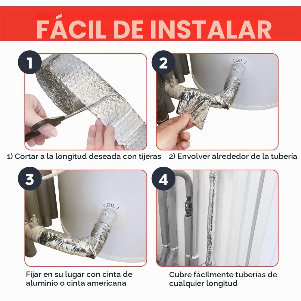 Lámina aislante para tuberías (7,5 m x 80 mm), ahorro de energía térmica para aislamiento interno o externo de tuberías y conductos