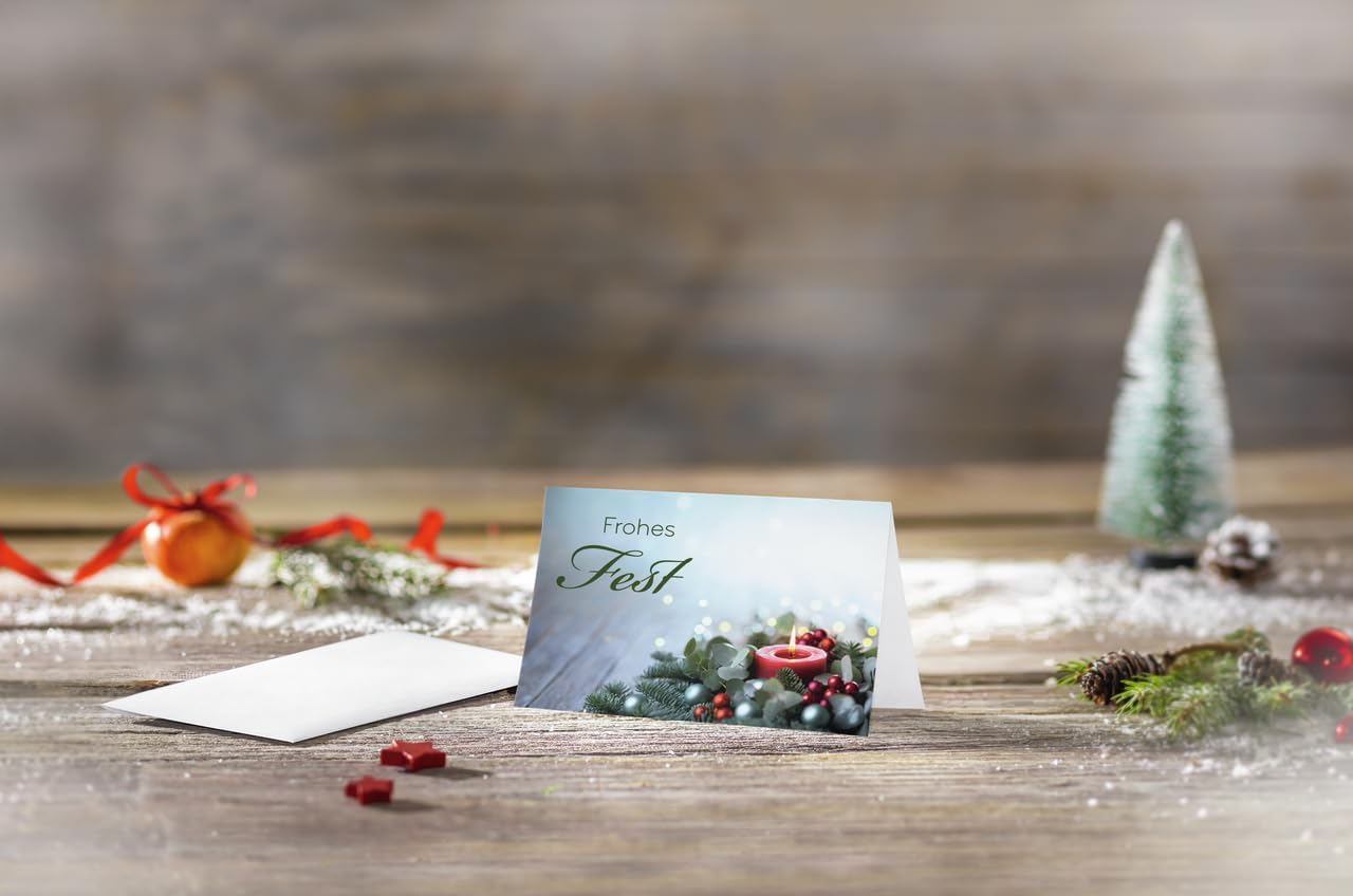 Sigel DS640 Candelight Cheer Green/Red A6 Christmas Cards Set of 25 Cards with Envelopes Ideal for Printing, Made from Sustainable Paper