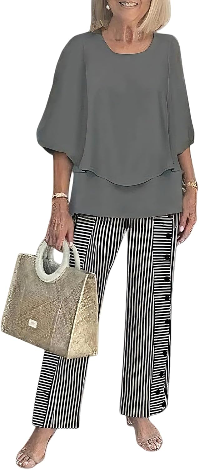 2 Piece Sets for Women Boho Bell Sleeve Crewneck Tops Matching Leaf Print Wide Leg Pant Summer Loose Lounge Fashion Sets