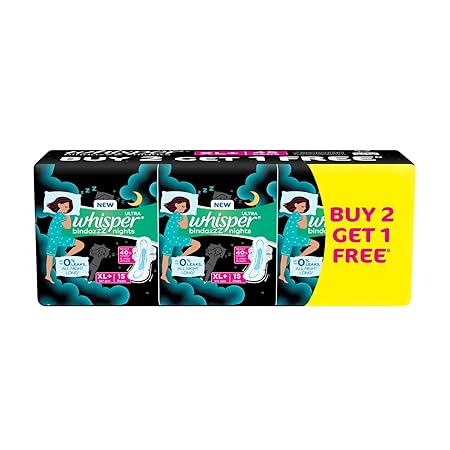 Whisper Bindazzz Night Sanitary Pads|15 thin Pads|XL+|upto 0% Leaks|40% Longer & Wider back|Dry top sheet|Long lasting coverage|Faster absorption|31.7 cm Long|With disposable wrap (Buy 2 get 1 free) 15N*3=45N