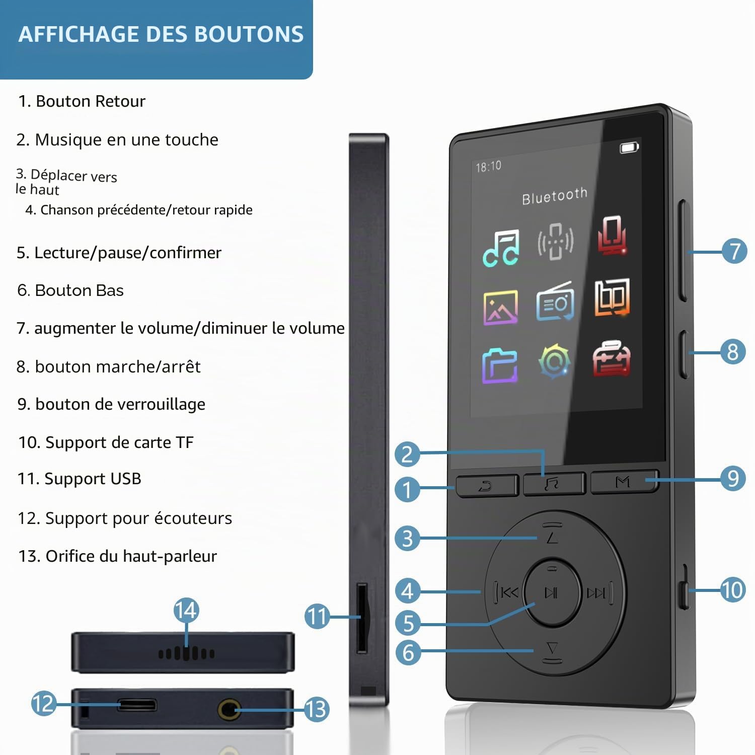 Lecteur MP3 Bluetooth 5.3 64 Go avec Haut-Parleurs, Radio FM, Écran Couleur 2,4 Pouces, Noir