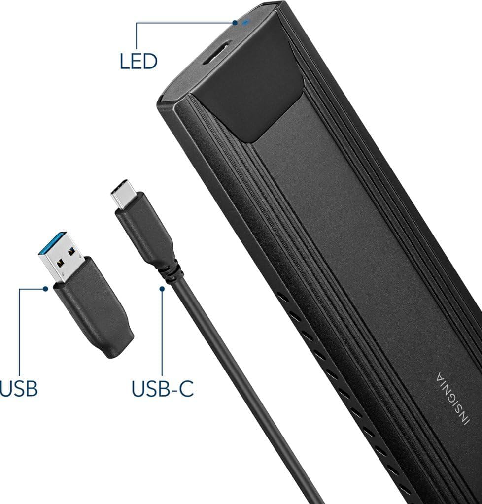 Insignia M.2 NVMe SSD Enclosure connected via USB-C cable and USB-A adapter