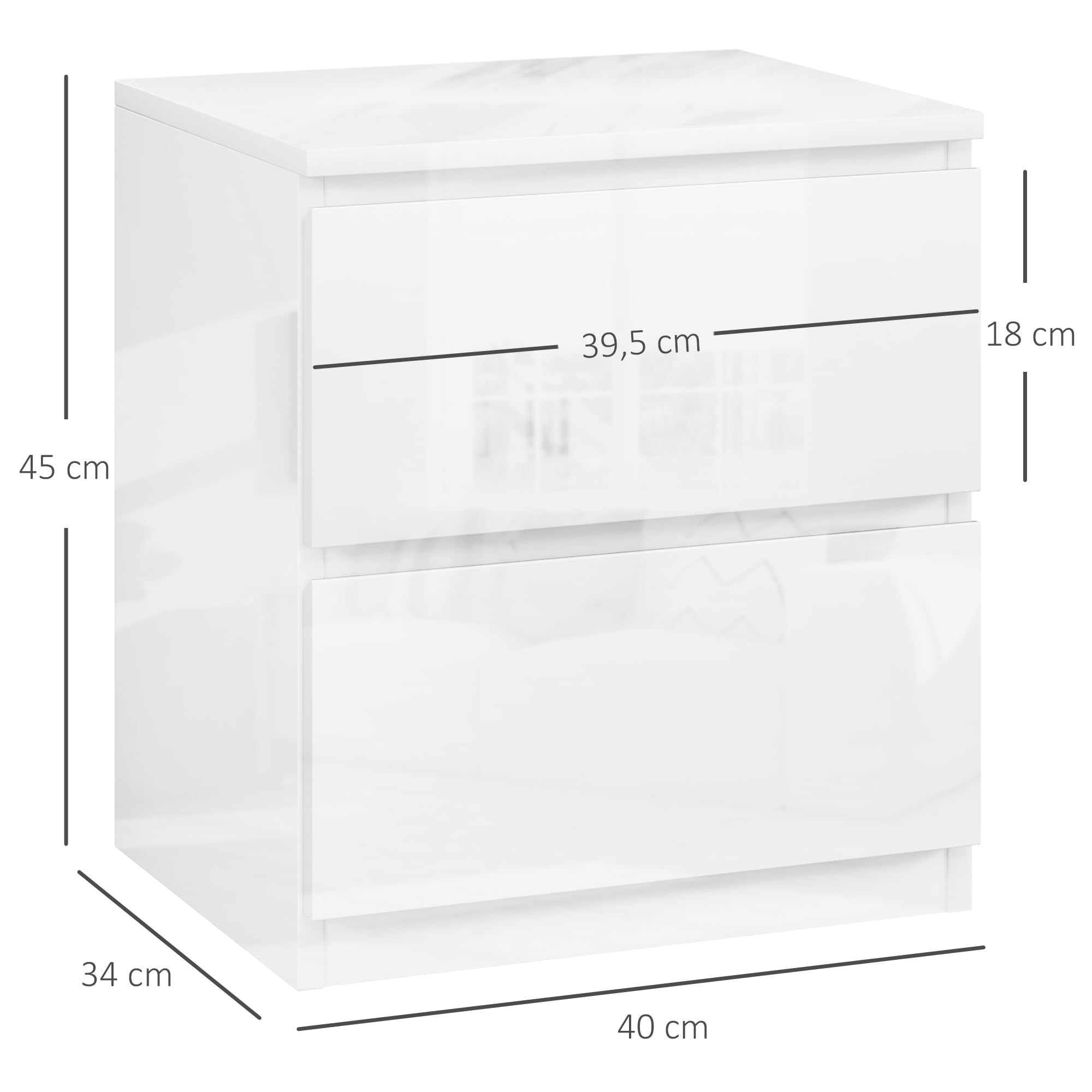 HOMCOM Mesita de Noche Moderna Mesilla de Noche con 2 Cajones Mesa de Noche Mesa Auxiliar para Dormitorio Salón 40x34x45 cm Blanco Brillo