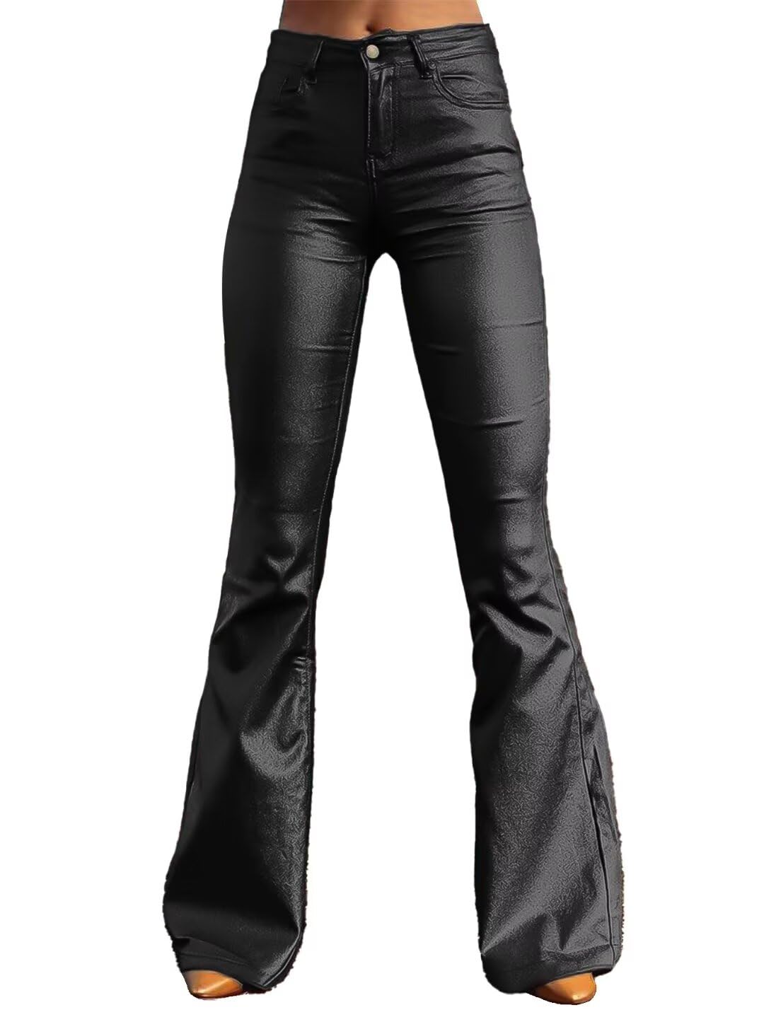 Flamingals Bootcut PU Leather High Waist Flare Legs Vintage Pocket Pants Winter Trendy