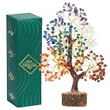 Crocon Árbol de la vida de cristal curativo con tronco natural, 7 chakras, piedra preciosa para la buena suerte, energía positiva, curación Reiki y decoración de oficina para mujeres