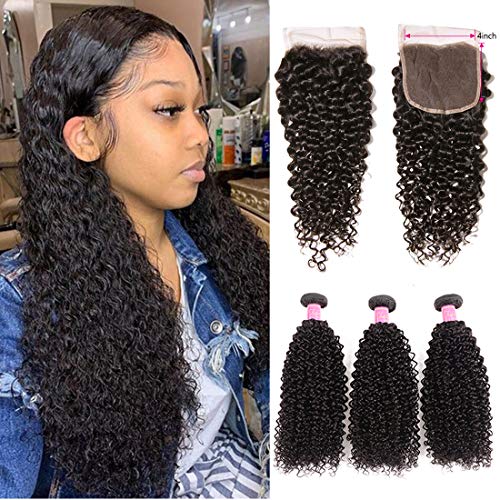Ali Julia Hair Brazilian Virgin Curly Hair 3 Bundles with Lace Closure 4X4 Free Part 8A Grade 100% Unprocessed Human Hair Extensions Natural Color(14 16 18+12 inch)