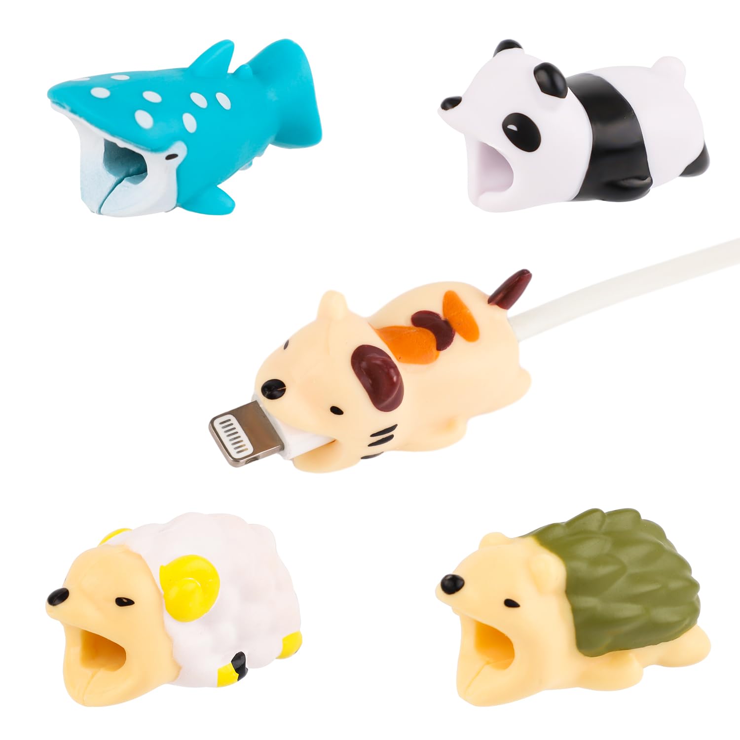 NQEUEPN 5pcs Data Cable Protector Animals Bite, Cute Charging Cable Savers Sheep Hedgehog Panda Kitten Shark Charger Cord Savers for Most Cellphones and iPad Chargers