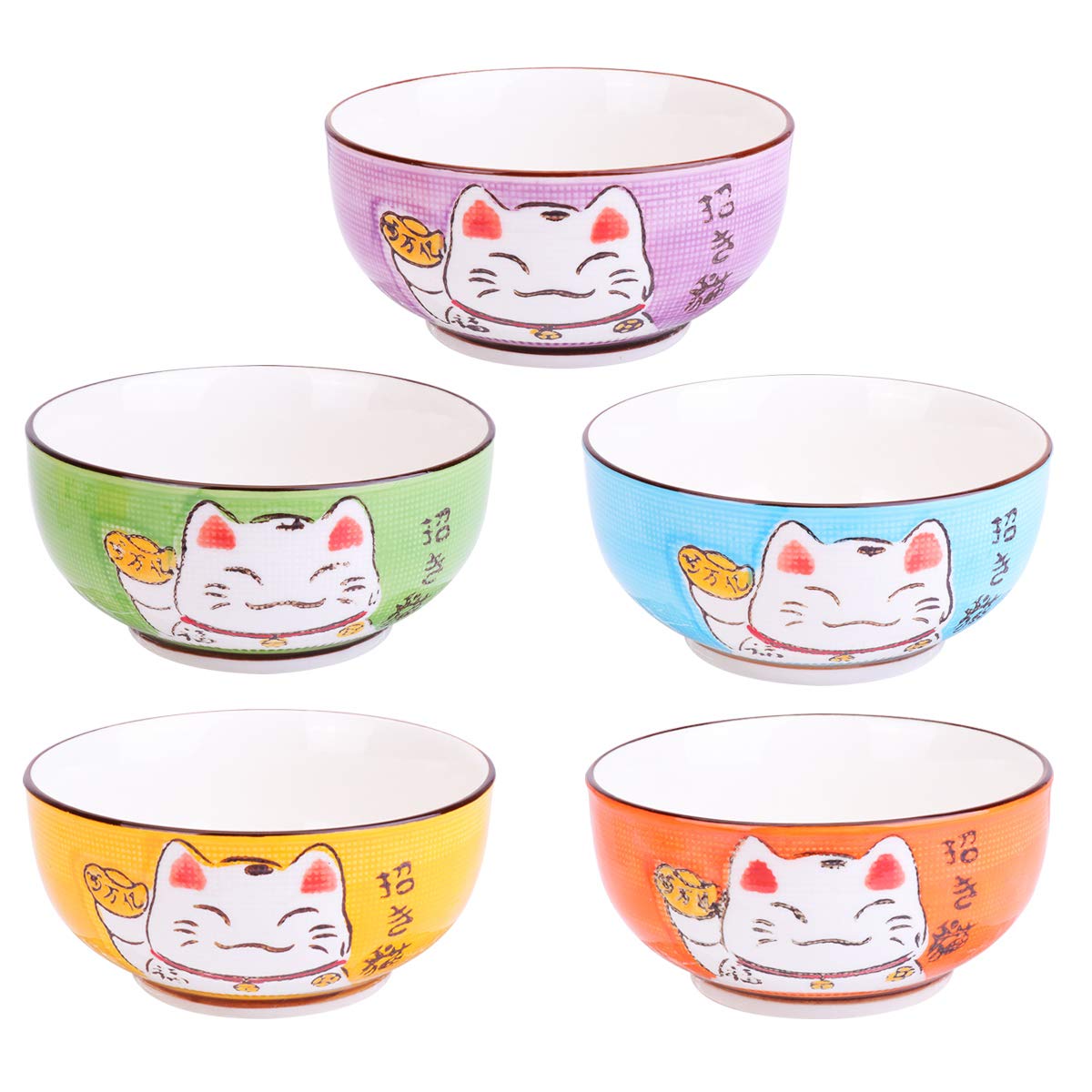 Amosfun 5Pcs Korean Ceramic Rice Bowl Japanese Maneki Neko Cat Bowl for Soup Dessert Appetizer Snack Home Kitchen Supply