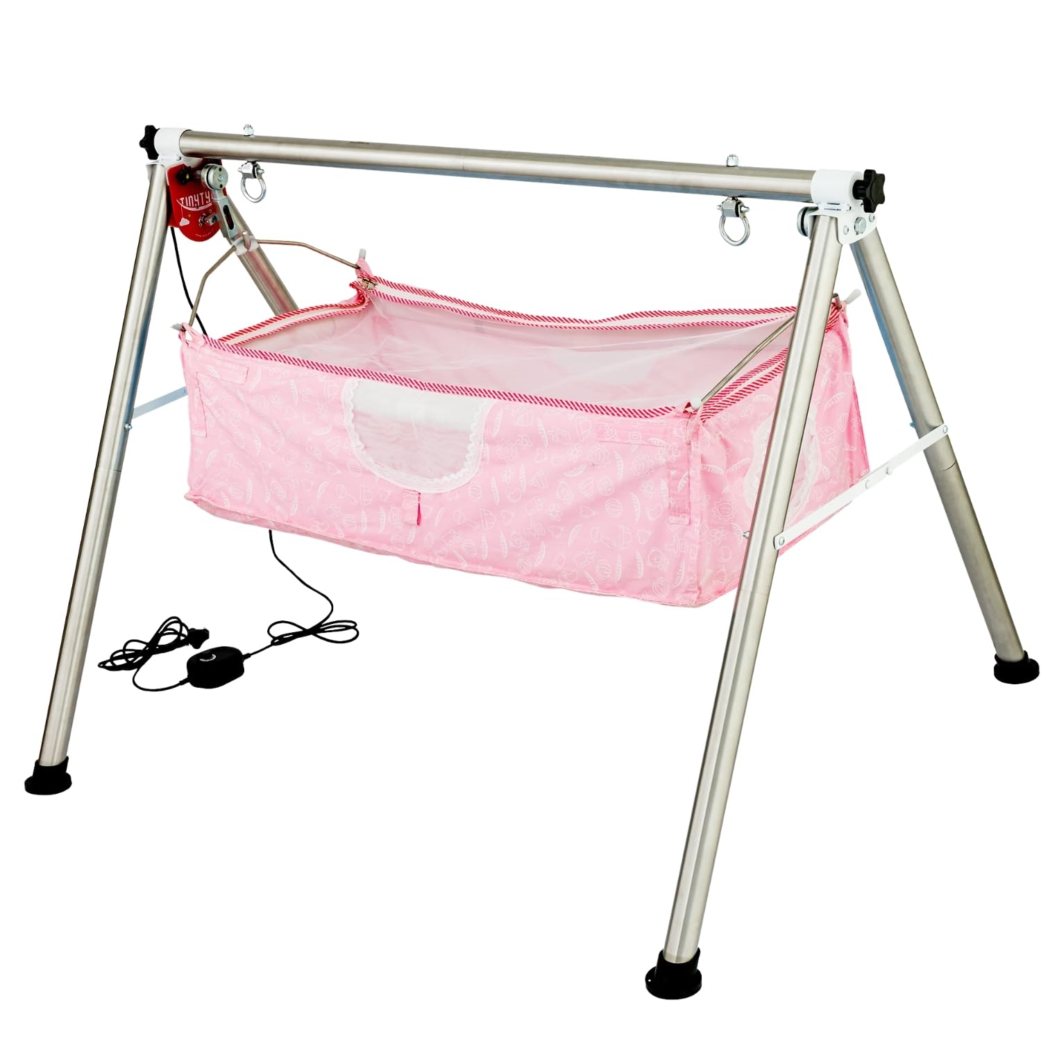 TINYTYKE Automatic Cradle for Baby - Electric Swing Cradle w/Adjustable Speed - Fully-Foldable Round Pipe Frame with Pink Square Hammock - Palna/Jhula/Thothil for Baby Boy & Girl of 0 to 3 Years