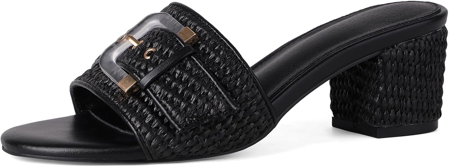 Women's Raffia Heeled Sandals Low Block Chunky Heel Sandals Open Toe Buckle Strap Beach Slip on Mules Summer Vacation Casual Dressy Shoes