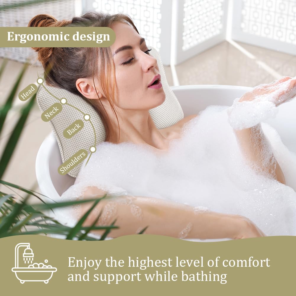 Almohada de Baño, 2PCS Juego de Almohada de Baño de Lujo y Pelota de Baño, Almohada Ergonómica de Malla para Bañera de Hidromasaje, Antideslizante para Cabeza, Cuello y Espalda, A