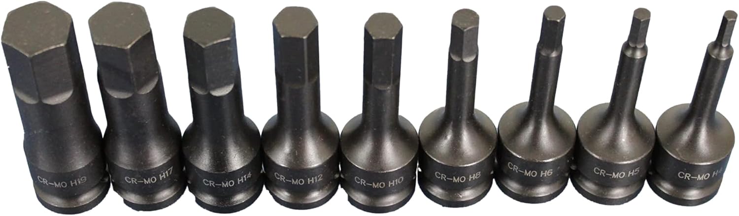 TEMO 9 pc 3 Inch Long Hex Hexagon Black Impact Bit Socket Set 1/2 Inch Square Drive Auto Repair Tool