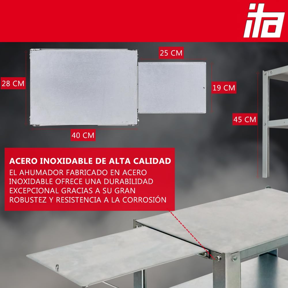 ITA Mesa para Ahumador - Acero Aleado - Soporte Práctico para Ahumador 45x28x40/65 cm - Directamente del Fabricante, Hecho en la UE - Mesa para Ahumadores y Armarios de Ahumado
