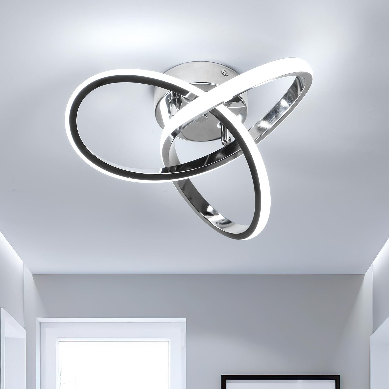 AUA LED Ceiling Light Fixture, Spiral Modern Semi Flush Mount Ceiling Lights, 22W Cool White 6500K Hallway Light Fixtures for Kitchen Dining Room Living Room Bedroom, Chrome