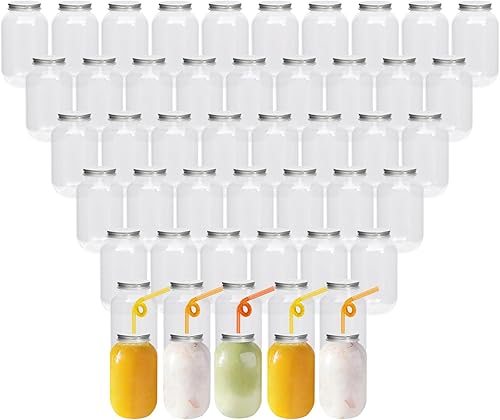 Paquete de 50 tarros de plástico de 21 onzas con tapas, botellas de jugo de plástico a granel con tapas de aluminio, recipientes transparentes para