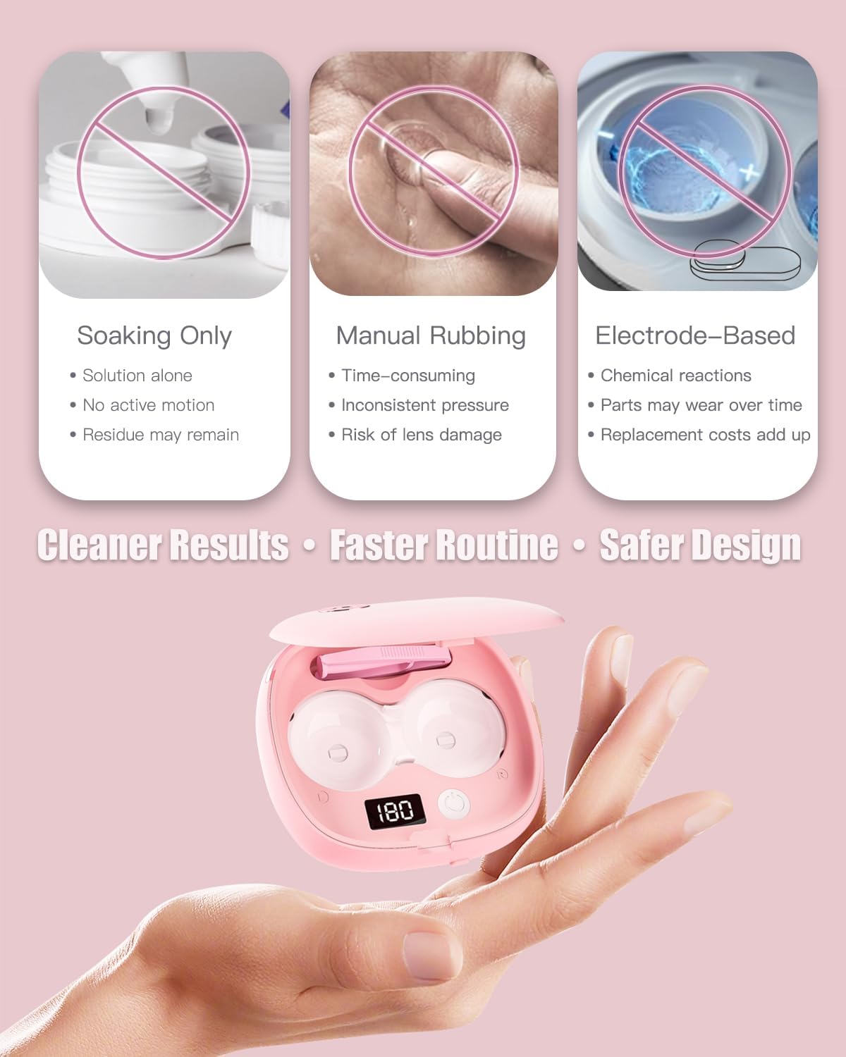 Vastsoon Ultrasonic Contact Lens Cleaner Machine – Portable, Rechargeable Cleaning Kit with 4 Contact Lens Solution Cases, Applicator & Removal Tools – for Travel & Home Use (Pink)