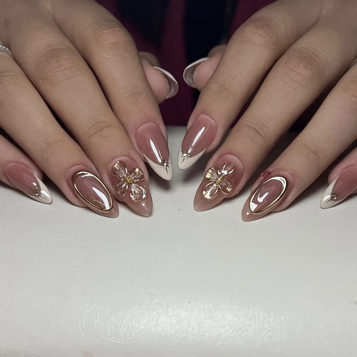 French Tip Almond Press On Nails With 3d Gild Cross Charms Kit_voghion.com