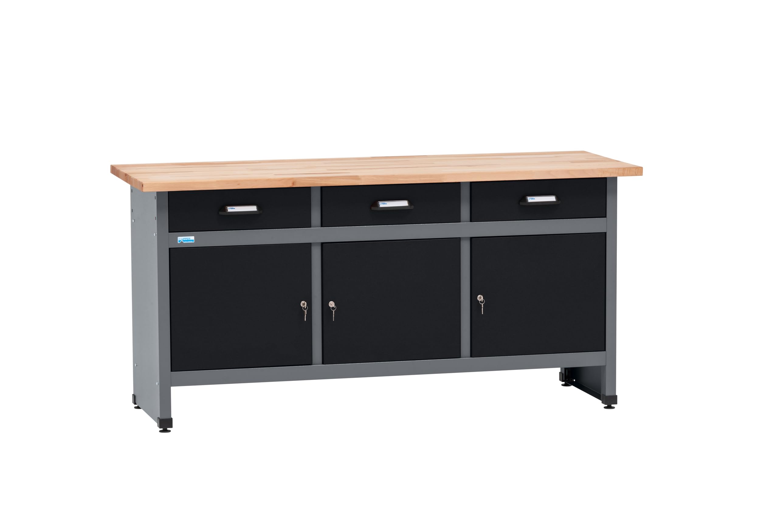 Küpper Banc de travail 12159, 170 x 84 x 60 cm, 3 tiroirs, 3 portes, charge 300 kg, plan de travail en hêtre massif de 30 mm (noir, 170 x 84 x 60)