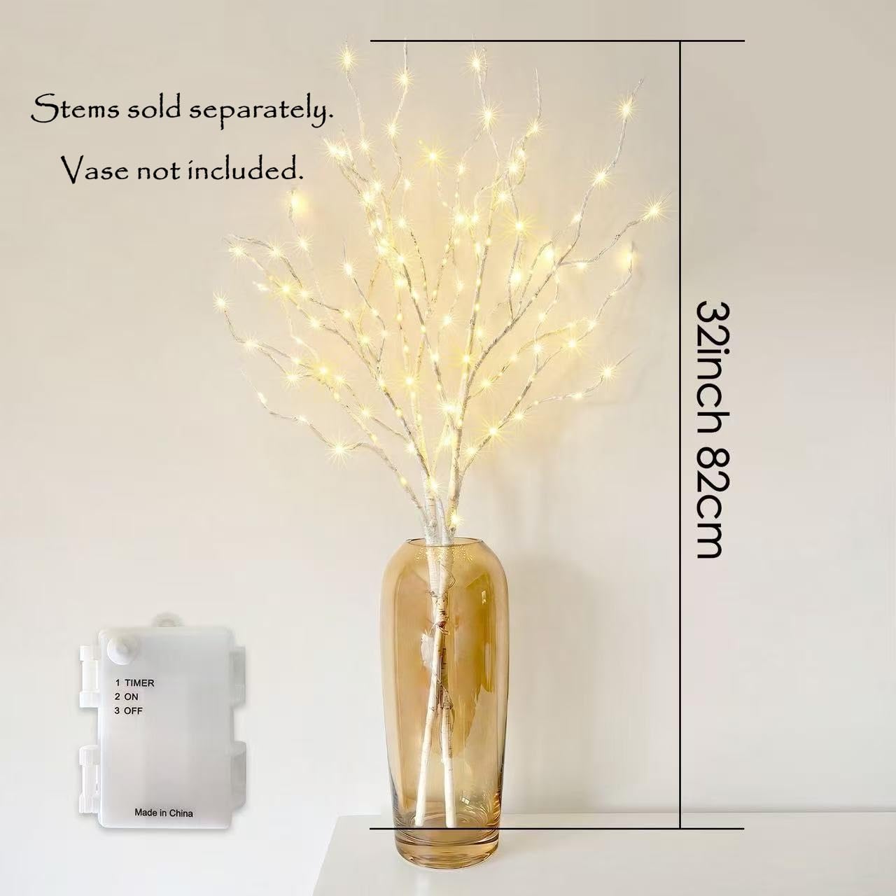 HipTree Beleuchtete Birkenzweige 81,3 cm, 100 LEDs, warmweiß, 2 Stück, batteriebetrieben mit 6-Stunden-Timer, IP44 wasserdicht, flexible KD-Zweiglichter für drinnen und draußen, Weihnachtsdekoration