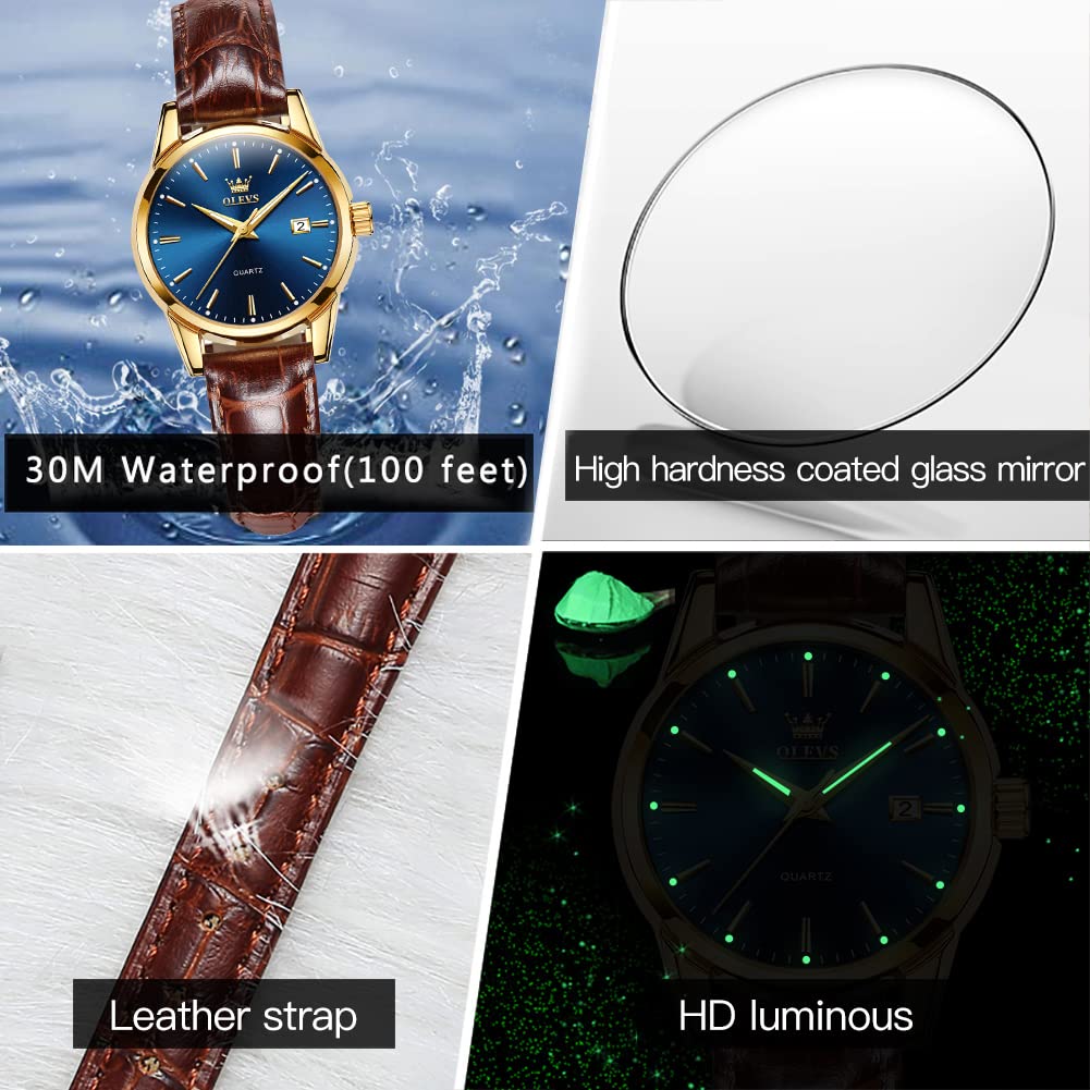 OLEVS Women Leather Watch - Analog Ladies Quartz Watches Luxury Dress Watch for Small Wrists Waterproof with Date Day Function - Reloj para Mujer