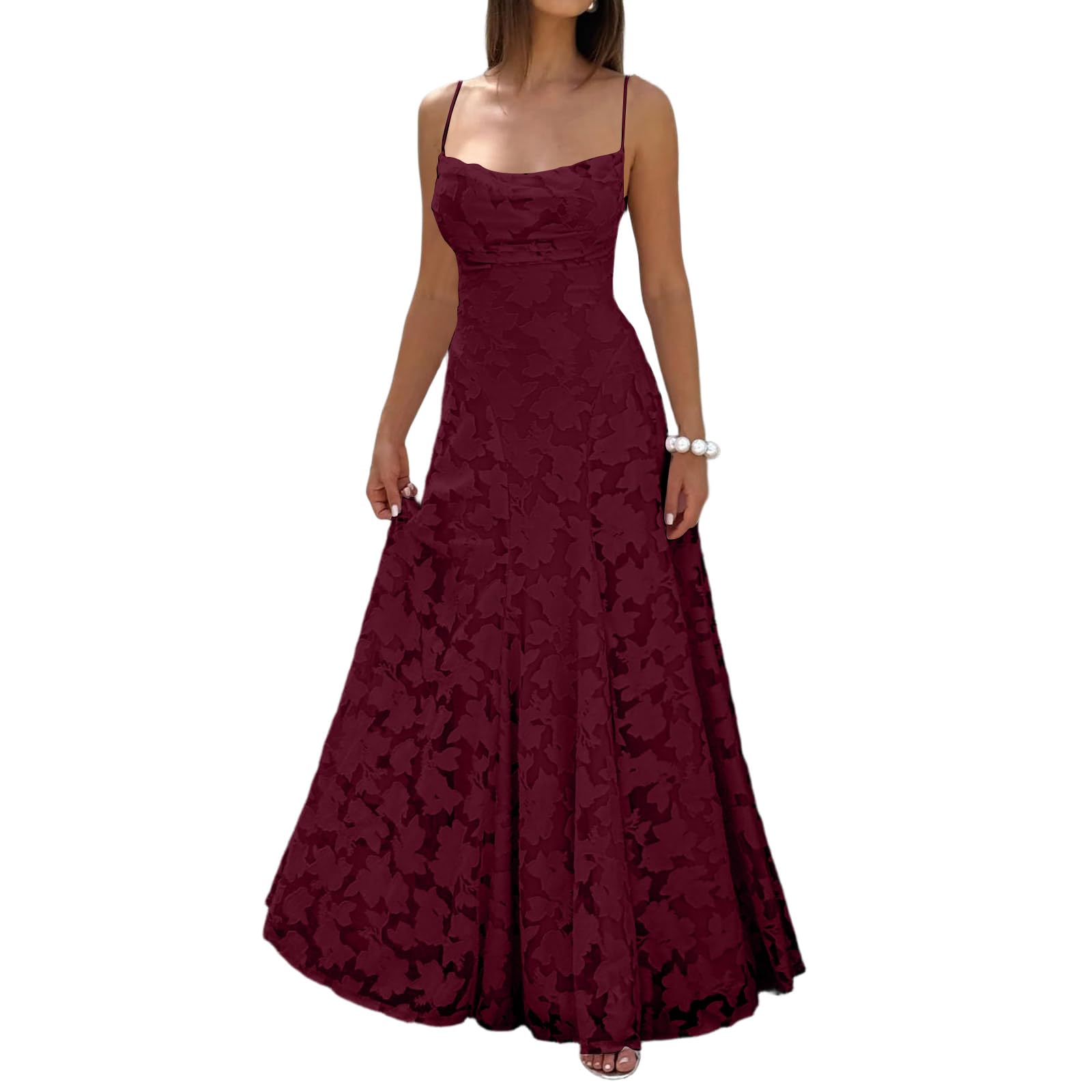 Abendkleid Damen Lang Maxikleid Hochzeitsgast Damenkleider Elegant Festkleid A Linie Kleid Schulterfrei Sommerkleid Spaghettiträger Cocktailkleid mit Spitze Freizeitkleid Rückenfrei