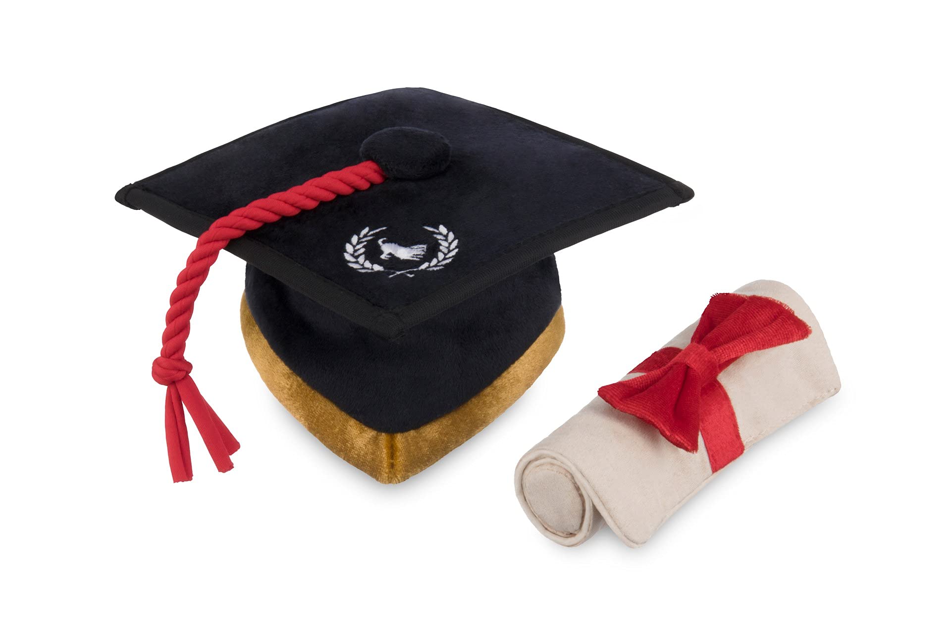 P.L.A.Y. Dog Plush Toy – Back to School Graduation Hat & Scroll or Hat & Badge – Durable, Handmade, Machine Washable, Eco-Friendly Fill, Fun Squeaky Toy for Small to Medium Dogs