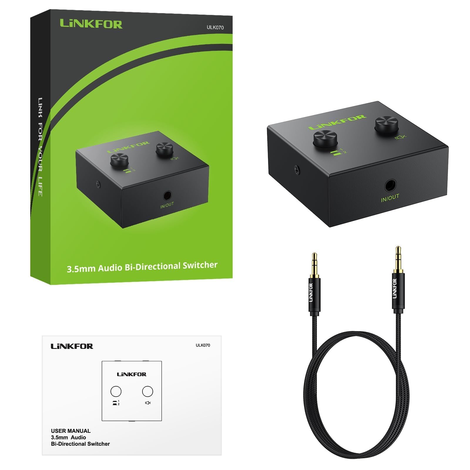 LiNKFOR 3.5mm Audio Switch Switcher con Pulsante Mute Commutatore Audio Bidirezionale Stereo 2-in-1 Out per Computer