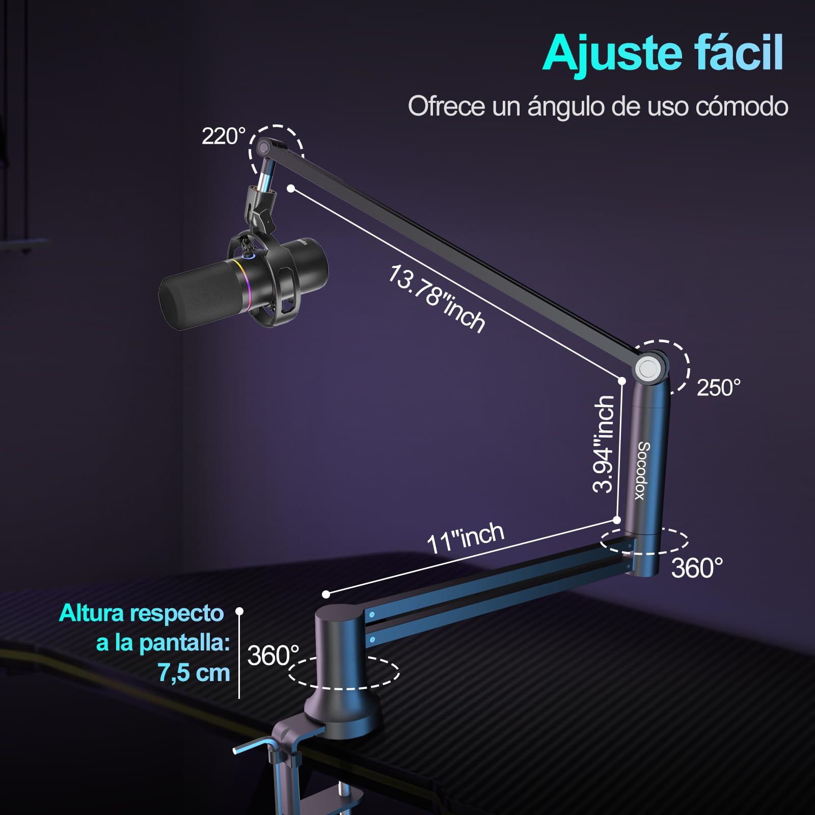 Micrófono Boom Arm, Brazo de Mic de bajo perfil, Soporte de Miro para Podcastin, Streaming, Totalmente ajustable 360 ° Giratorio 90 ° Plegable para Blue Yeti