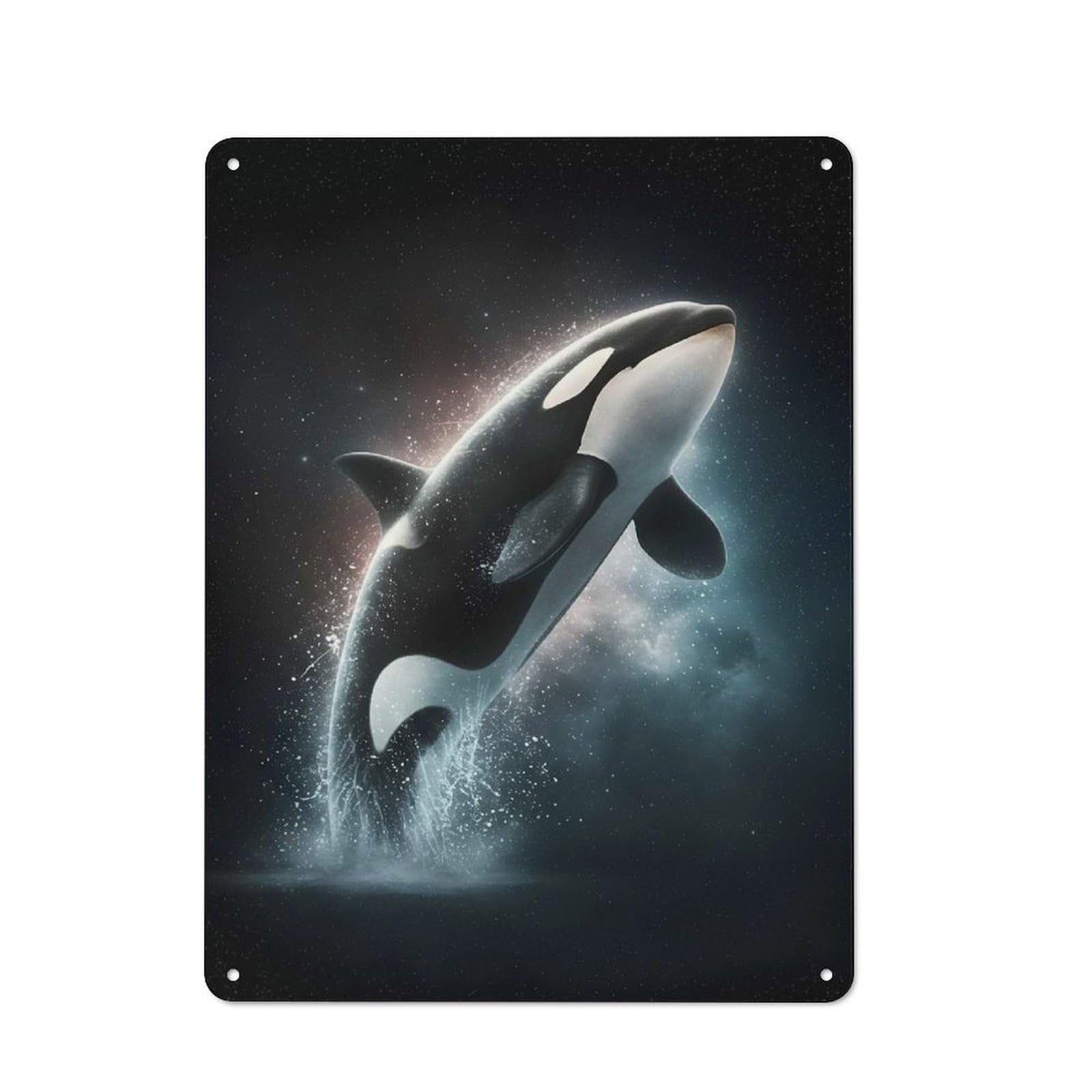 Tin Sign with Leaping Orca in Starry Night Design 40x30cm, Industrial Garage Wall Decor for Workshop, Basement, Shed Or Games Room