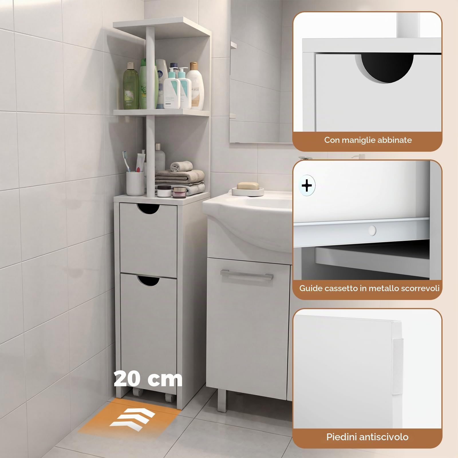 LIFEZEAL Mobile Bagno Salvaspazio Alto e Stretto, Colonna Bagno da Terra con Ripiani Aperti e Cassetti su Ruote, Organizer Armadio per Soggiorno e Cucina, Bianco, 45 × 20 × 114 cm